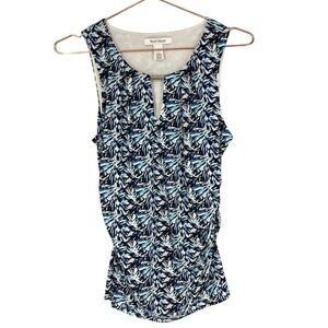 White House Black Market Top Womens Small Blue Print Ruched Jersey Sleeveless